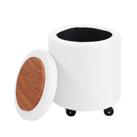 Storage Ottoman Foot Rest Round Footstool Teddy Footrest Multifunctional Rolling Stool Coffee Table Ottoman with Wheels Vanity Stool for Makeup Room Living Room Bedroom White
