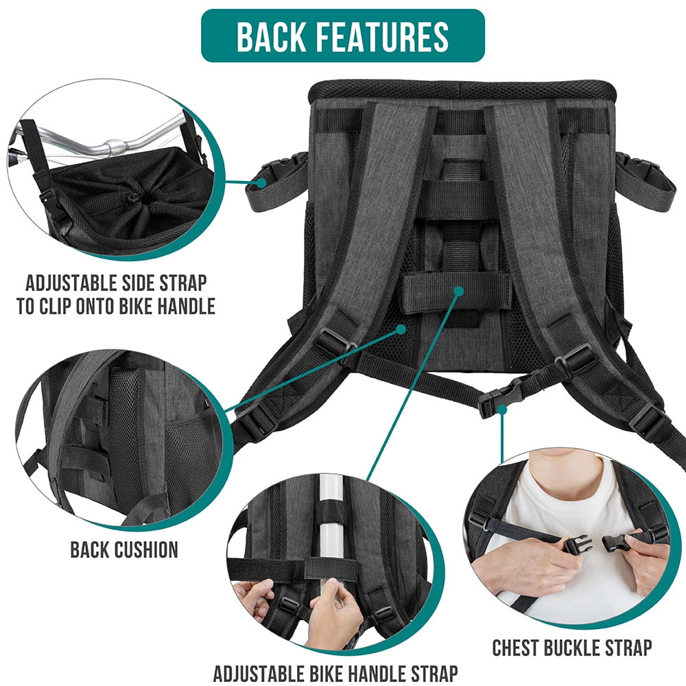 PetAmi Dog Bike Basket, Soft-sided Ventilated Dog Bike Carrier Backpack, Dog Pet Bicycle Basket for Bike Handlebar, Small Medium Puppy Cat Kitten Car Booster Seat with Safety Strap (Dark Gray)