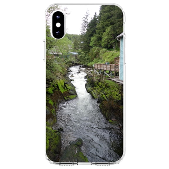 DistinctInk Clear Shockproof Hybrid Case for iPhone XR (6.1" Screen) - TPU Bumper, Acrylic Back, Tempered Glass Screen Protector - Ketchikan Alaska Stream