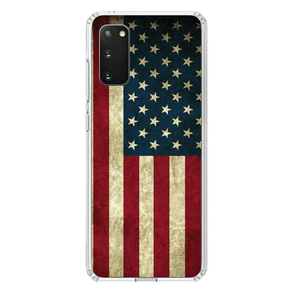 DistinctInk Clear Shockproof Hybrid Case for Galaxy S20 / S20 5G (6.2" Screen) - TPU Bumper, Acrylic Back, Tempered Glass Screen Protector - Red White Blue United States Flag Old - America