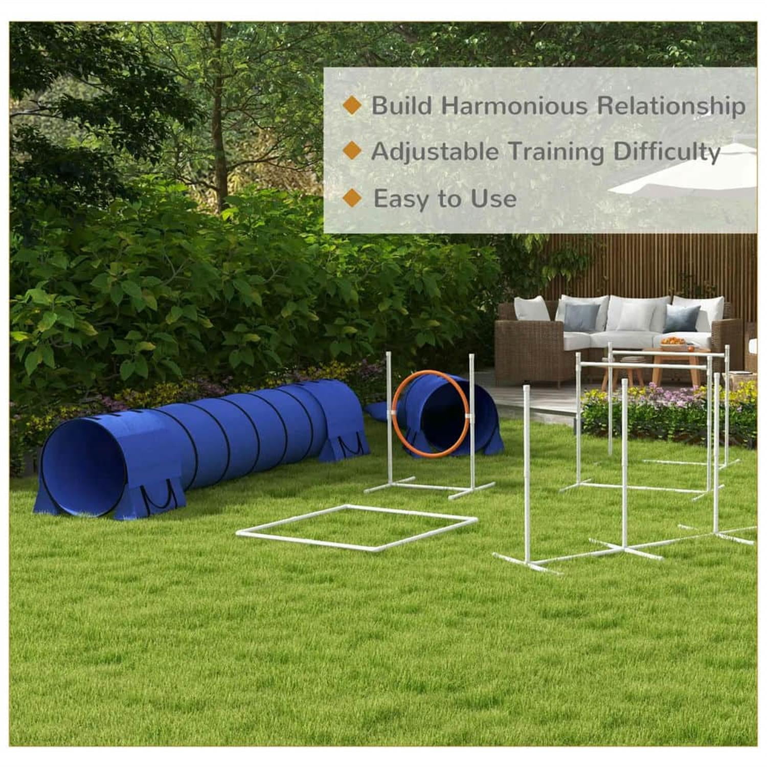 Kadyn 7 Piece Dog Agility Training Set with Tunnels, Weave Poles, Adjustable Hurdle, Jumping Ring, Pause Box for Indoor Outdoor Play, Blue