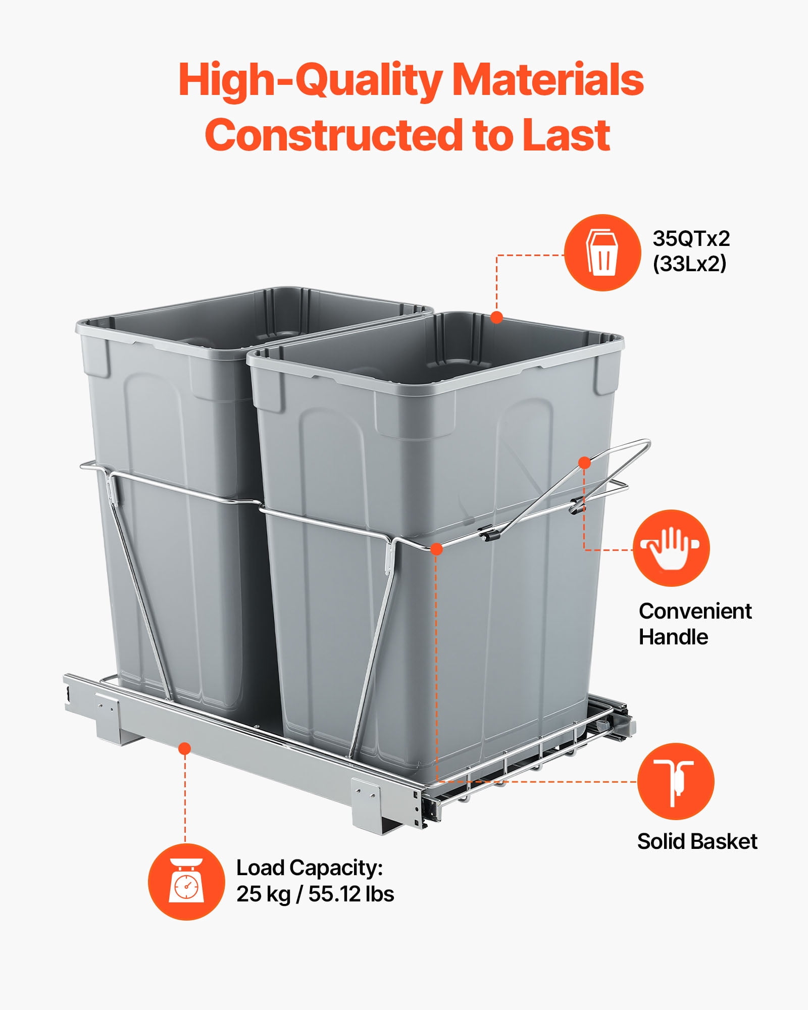VEVOR Pullout Trash Can for Kitchen Cabinets, 35 QT x2 Double Under Sink Garbage Waste Recycling Bin, Under Mount Waste Container, with Heavy Duty Metal Full Extension Sliding System and Handle