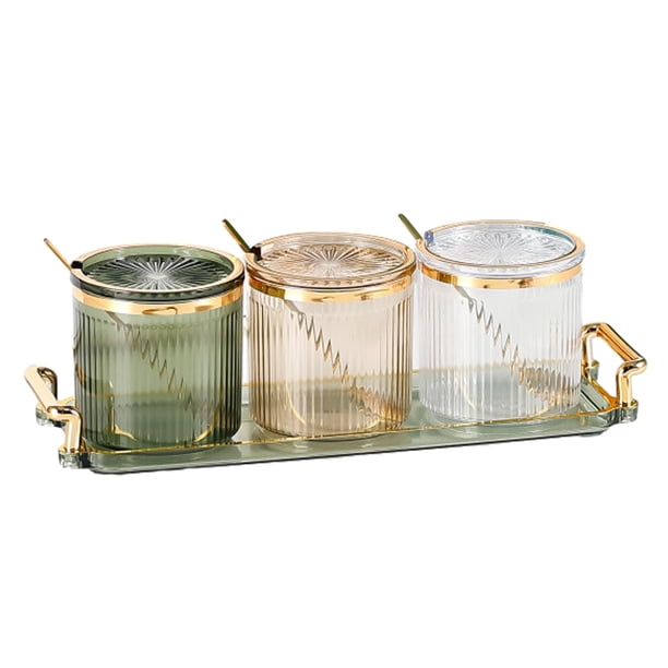 3 tarros de acrílico para condimentos y especias, caja para condimentos y especias con tapas, cucharas y bandeja, juego de recipientes de plástico transparente para condimentos para la cocina para