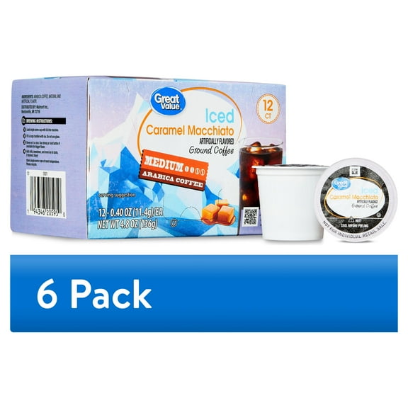 (6 pack) Great Value Iced Caramel Macchiato, Medium Roast Arabica Coffee Pods, 12 Count
