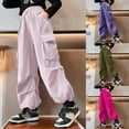 thumbnail image 3 of CHENge Girls Cargo Pants Size 6,Straight High Waisted Drawstring Baggy y2k Clothing With Pockets Elastic Waist Fashion Casual Pants Aesthetic Clothes(Z06-Purple9-10 Years), 3 of 6