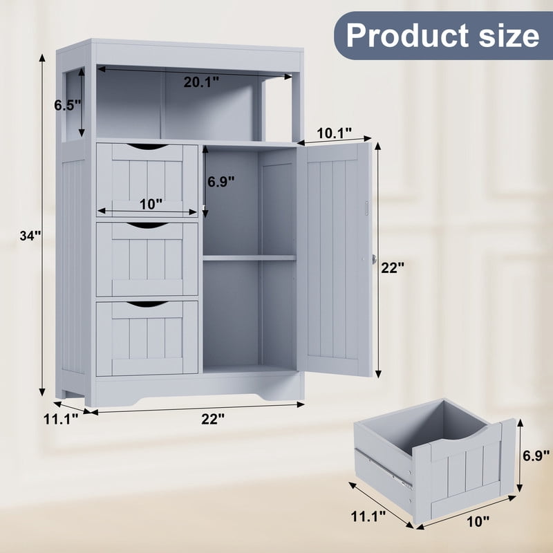 Lacoo Bathroom Floor Cabinet Wooden Storage Organizer with 1 Door, 3 Drawers & Adjustable Shelf Storage Cabinet for Kitchen Living Room Bathroom, Gray