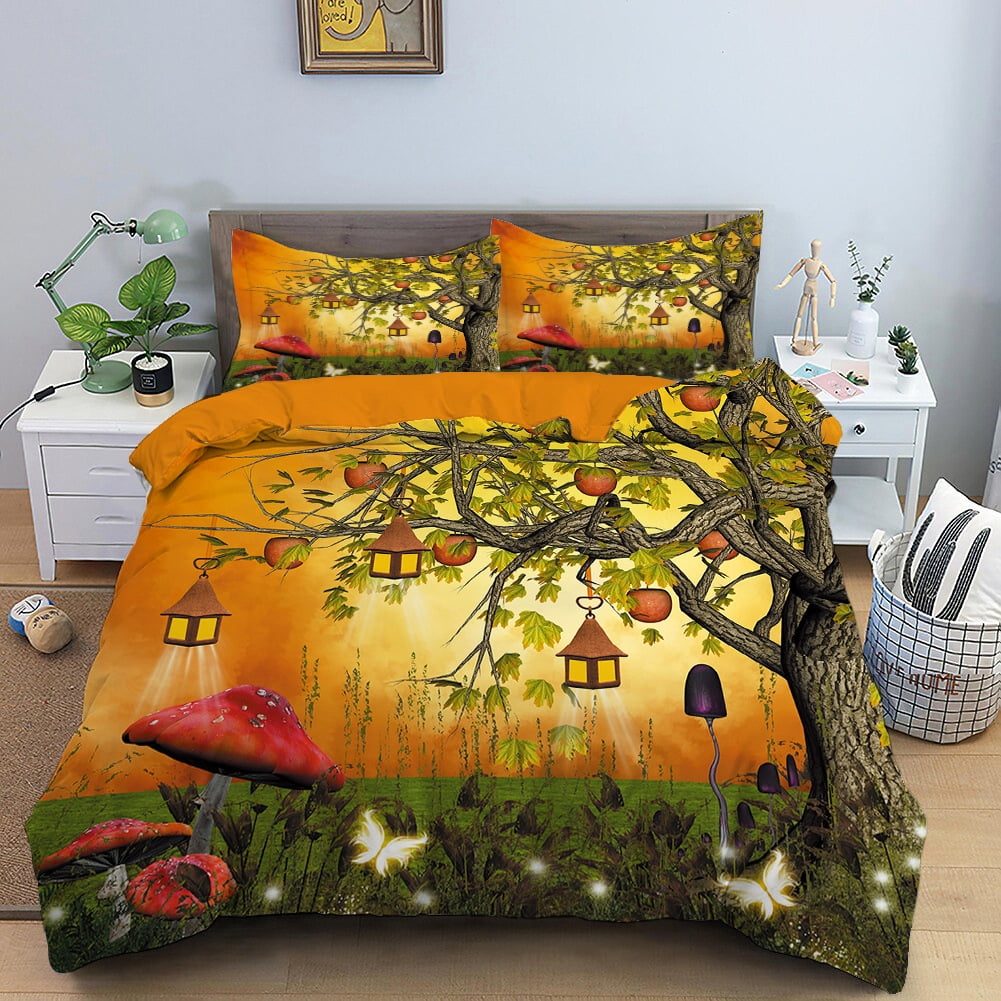 3Piece King Size Bedding Sets Mushroom Woods Print for Kids Teens Boys