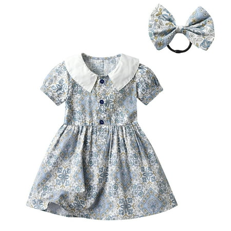 

Toddler Girls Dress Printed Floral Short Sleeve Headbands Princess 2PC Outfits Baby Cute Cartoon Soft Spring Summer Casual Gifts To Child Kids Clothes