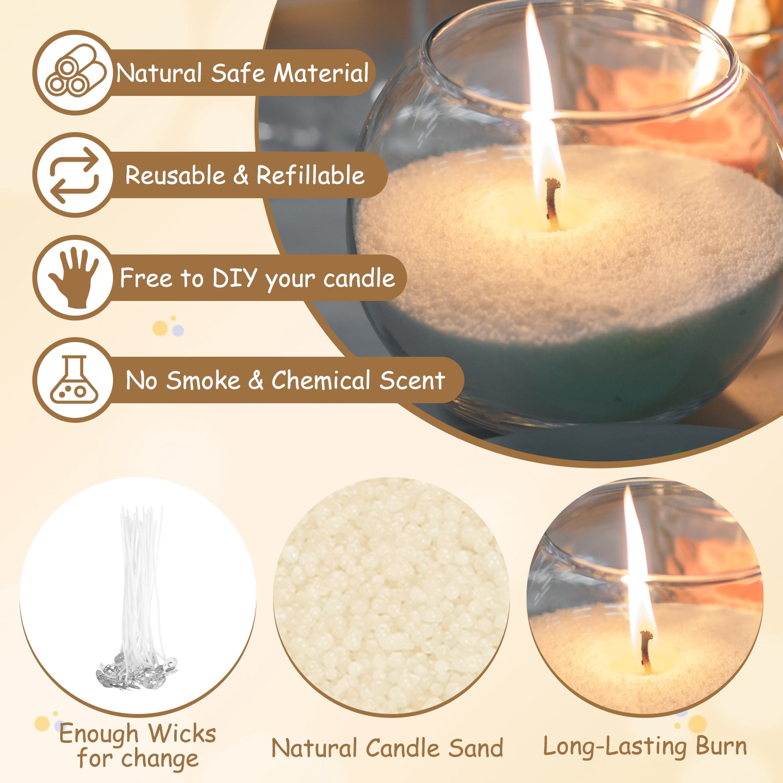 Pearled Sand Candles with 50 Pcs Wicks 21Oz / 600g Candle Beads Refillable Powder Sand Wax Making Kit for Thanksgiving Christmas Wedding Party DIY Home Crafts, Beige