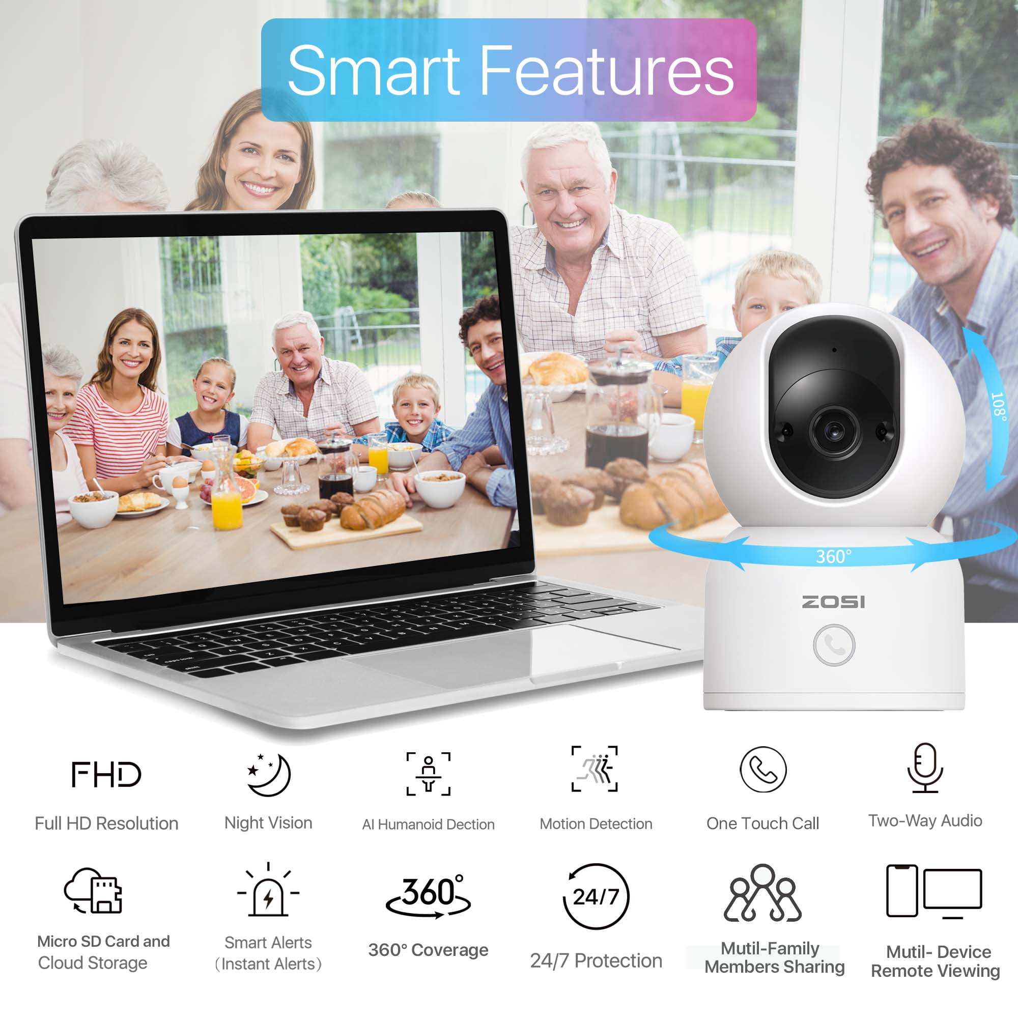 ZOSI 2K 5Ghz WiFi Security Camera, 4Pack Audio 360°View PTZ Camera with PIR Motion Sensor, Indoor/Outdoor IP Camera with Night Vision, Pet/Office/Baby Monitor