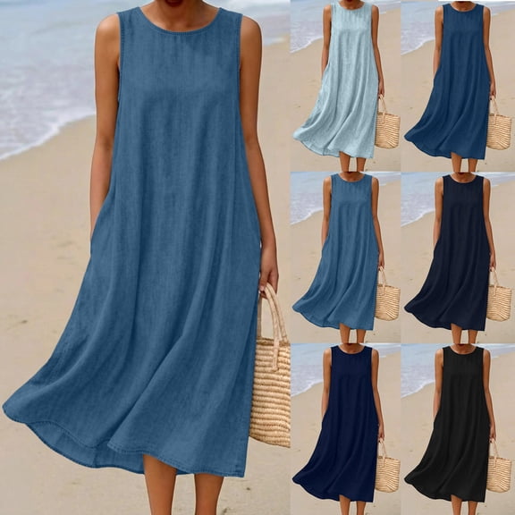 VBVC Women's Sleeveless Denim Midi Dress,Summer Beach Loungewear for Women,Ladies Lightweight Breathable Tank Dress with Pockets,Black,S-2XL