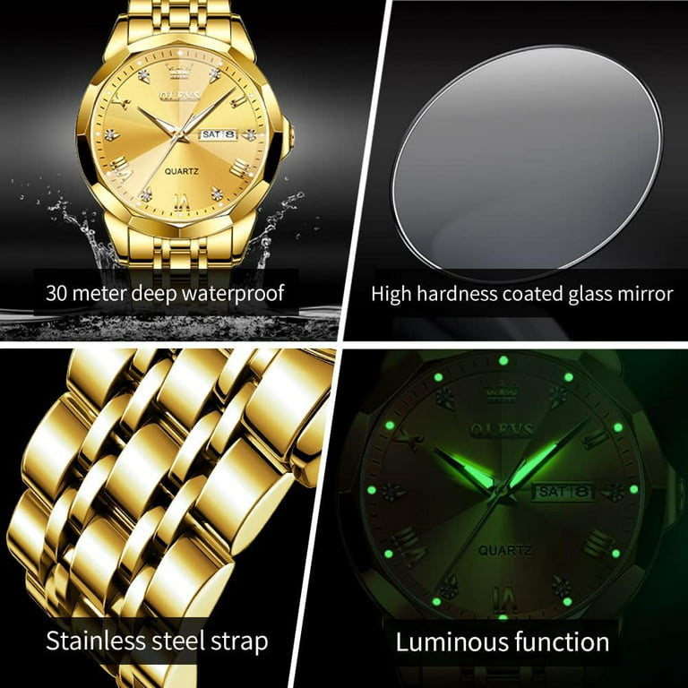 OLEVS Mens Watches Chronograph Luxury Dress Moon Phase Quartz Stainless  Steel Waterproof Luminous Business Calendar Wrist Watch Green Dial 