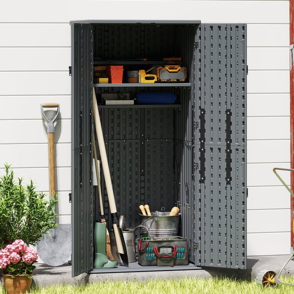 EHHLY Resin Storage Cabinet Outdoor, 28 Cu. Ft. Tall Garden Storage Shed with 4 Adjustable Shelves, Lockable Waterproof Utility Organizer for Patio Backyard, Sage Gray
