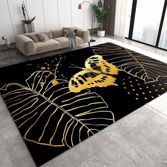 Golden Butterfly Area Rug, Banana Leaves Plant Non Slip Noise Reduction Accent Rug, Machine Washable Durable Carpet for Indoor Bedroom Living Room Office Decor Rug-2x3ft