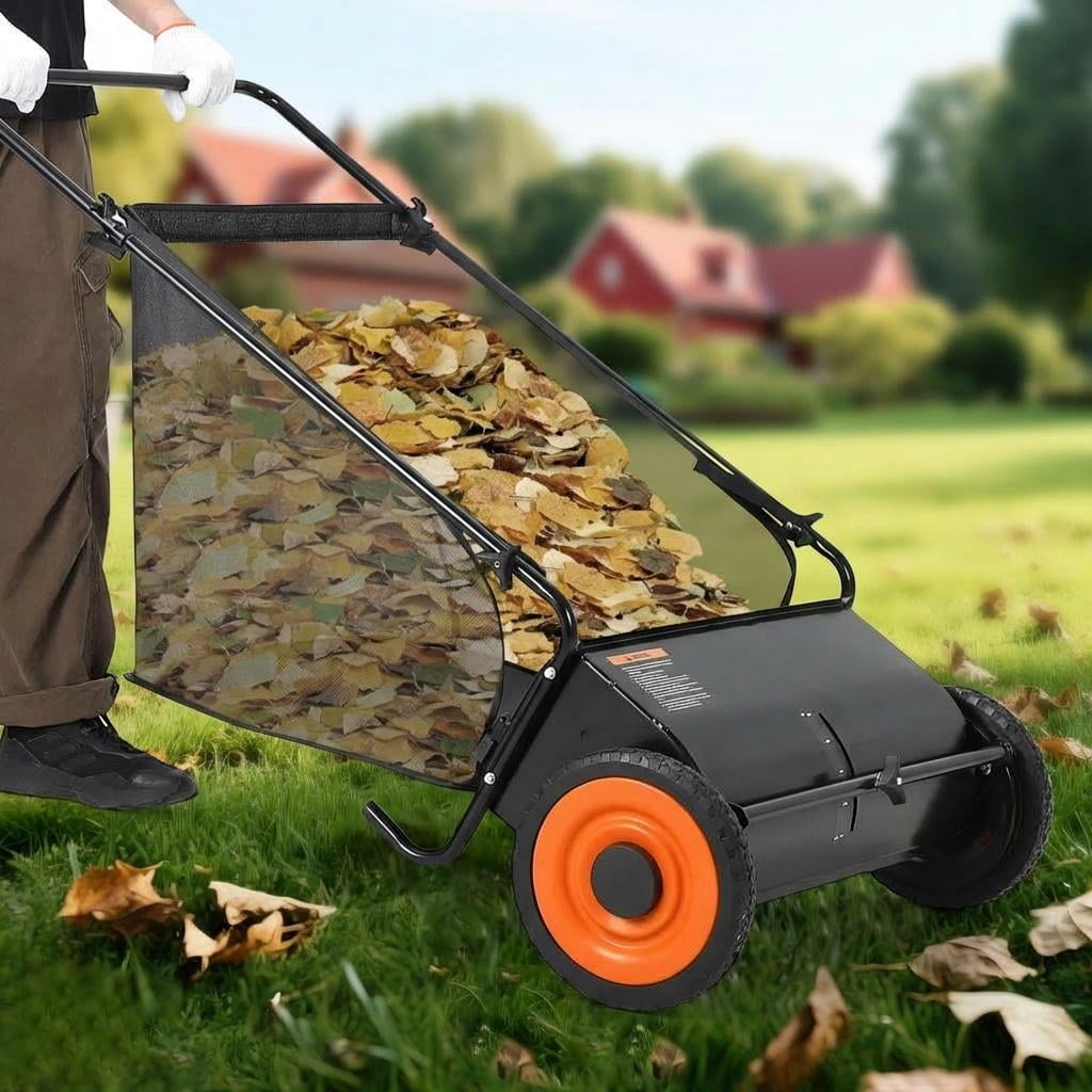 GARVEE Push Lawn Sweeper,21-inch Width Enhanced 4-Brush System Collector for Leaves & Grass,Strong Rubber Wheels & Heavy Duty Thickened Steel & 3.5 Cu. ft Hopper Bag,Black&Orange