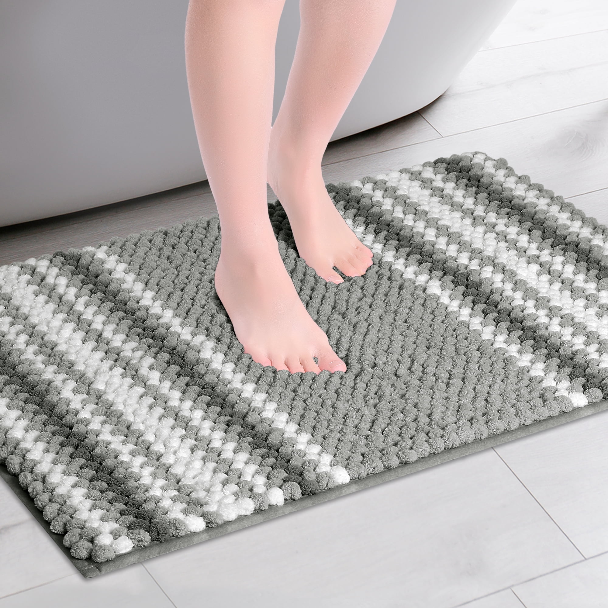 Unique Bargains 2 Pcs Soft Absorbent Fluffy Chenille Bath Mats Striped Non Slip Rugs Grey/Khaki 20" x 32"