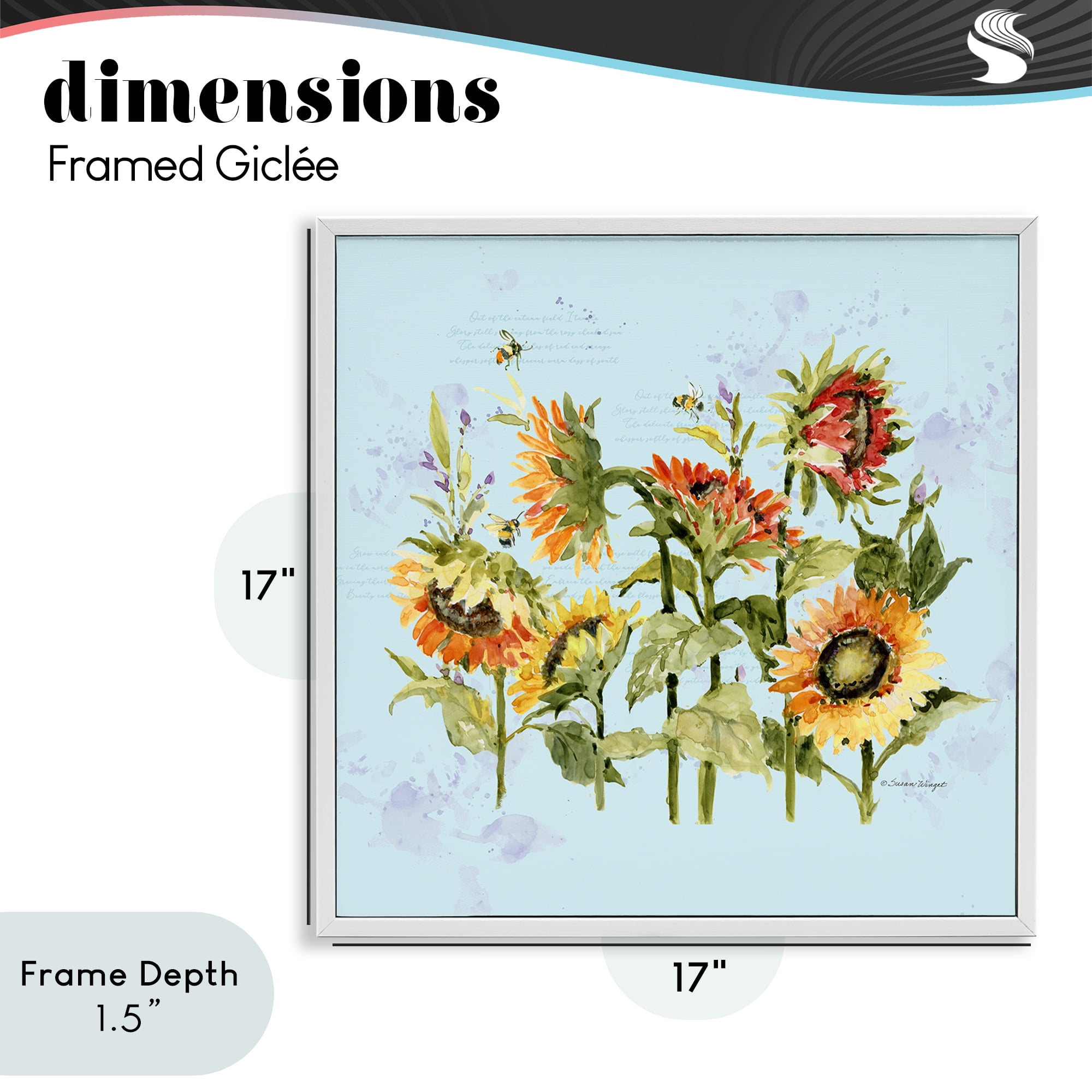 Stupell Industries Sunflowers & Bee on Blue White Framed Giclee Art, design by Susan Winget