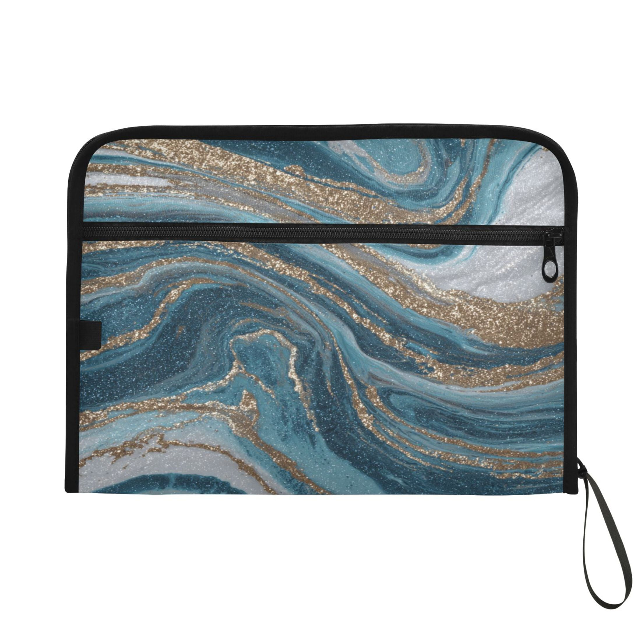 Accordion File Organizer with Zip Closure 13 Pockets Expanding File Folder Letter A4 Paper Document Organizer for Home Office Blue and Gold Swirling