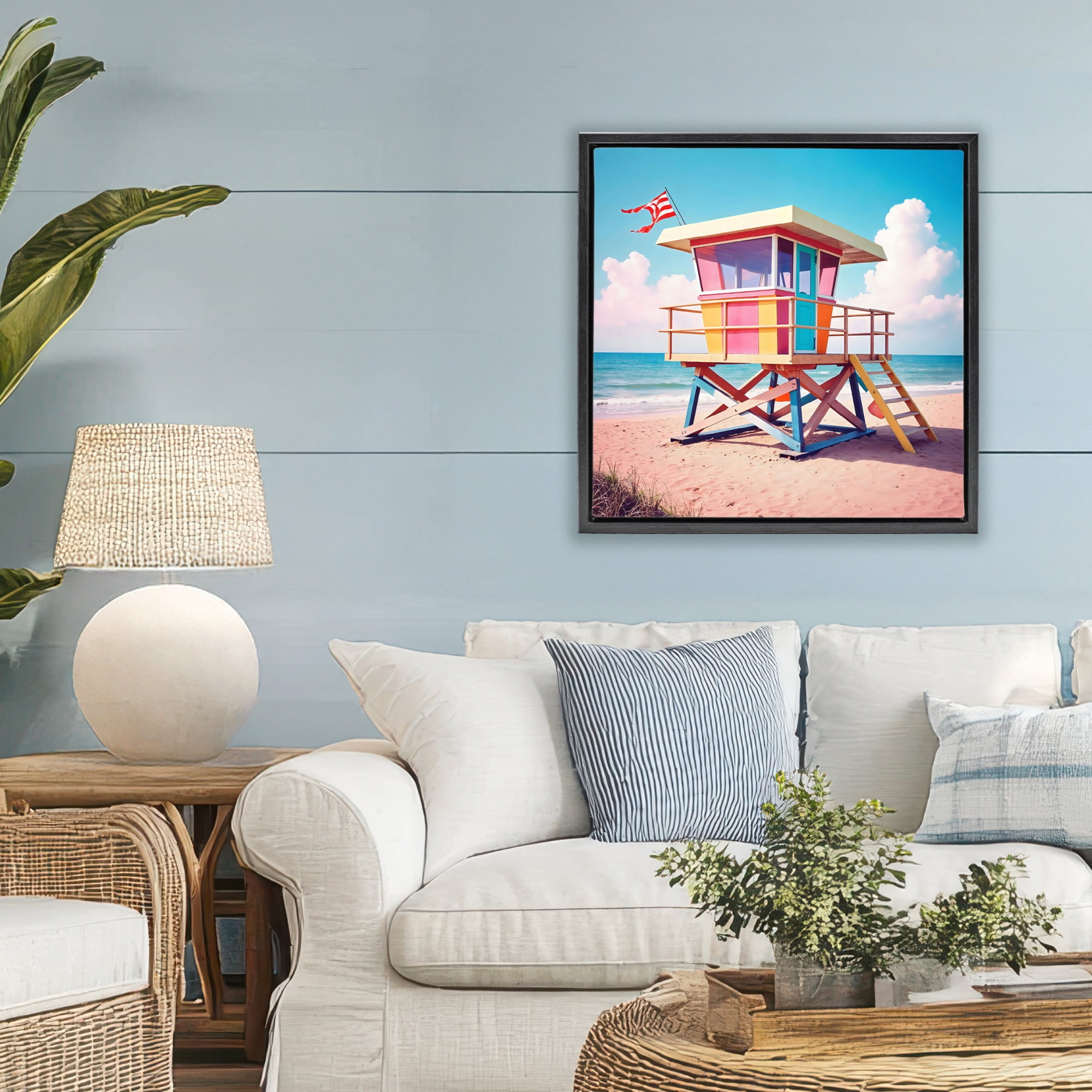 Stupell Industries Colorful Sunny Beach Tower Black Framed Floater Canvas Wall Art, design by Creative Studio