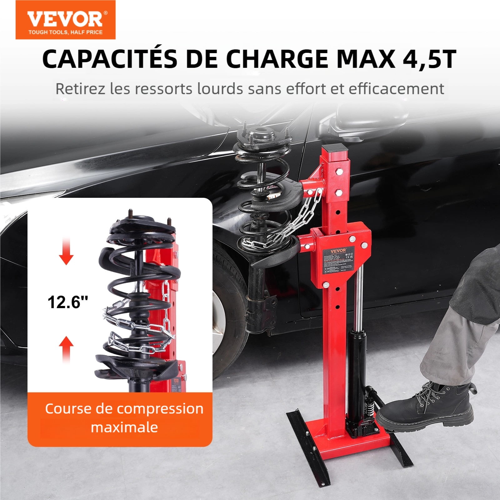 VEVOR Strut Spring Compressor, 4.5 Ton/9920 LBS Hydraulic Jack Capacity, 1 Ton Rated Compression Force, Auto Strut Coil Spring Compressor Tool, Hydraulic Spring Compressor for Strut Spring Removing