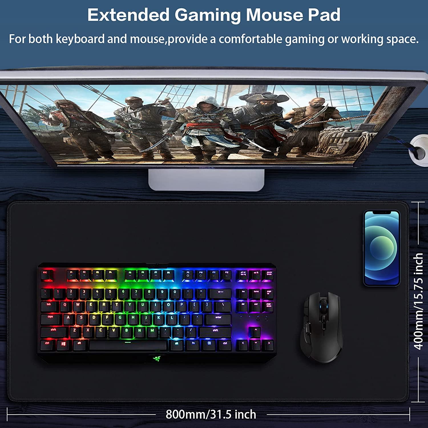 Gaming Mouse Pad (31.5x15.7in) 3mm Thickness XX-Large Extended Mousepad Big Computer Keyboard Full Desk Mousepad with Anti-Slip Base Anti-Fray