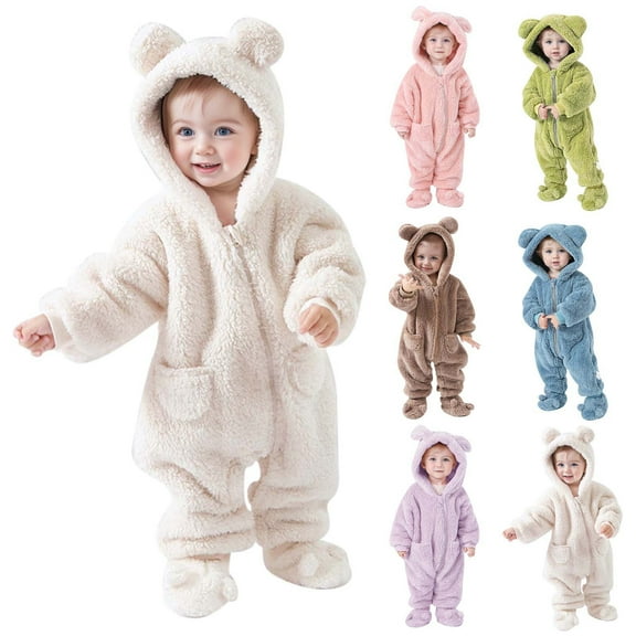 Infant Snowsuit Kids Ear Snowsuit Long Sleeve Fleece Hooded Jumpsuit Outfits Winter Baby Onesies Girl Khaki 2 Y-3 Y