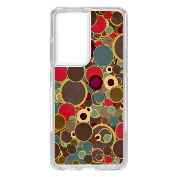 DistinctInk Clear Shockproof Hybrid Case for Galaxy S21 ULTRA 5G (6.8" Screen) - TPU Bumper, Acrylic Back, Tempered Glass Screen Protector - Brown Red Yellow Circles - Relive the 80's