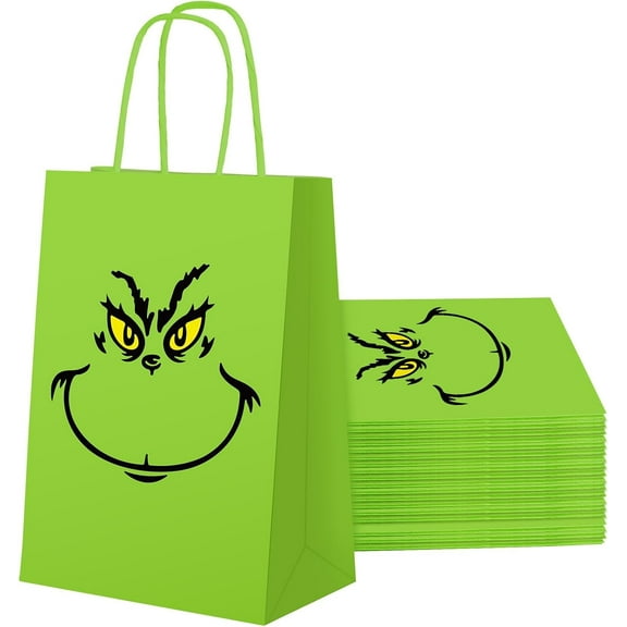 12 Pcs Christmas Gift Bags with Handles Kraft Treat Bags Green Paper Gift Bag for Christmas Party Favors Supplies Holiday Celebrations