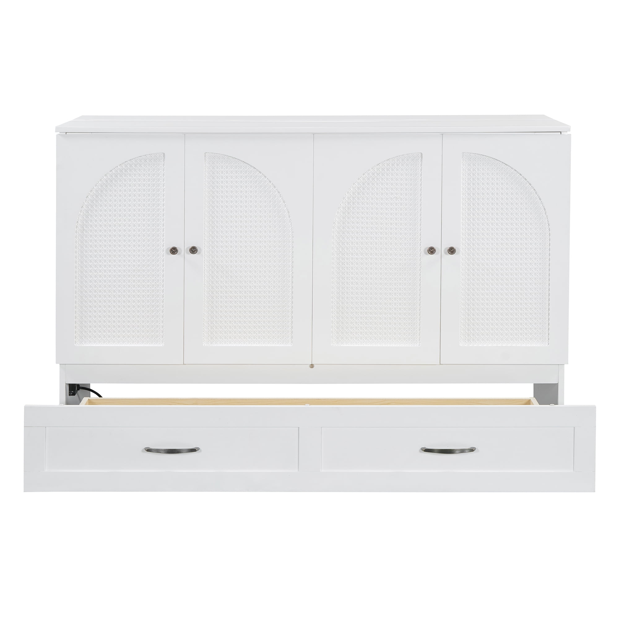 Mintazer Queen Murphy Bed with Rattan Cabinet & Storage Drawer, Modern Foldable Cabinet Bed with USB Port for Bedroom Apartment Guest Room, White