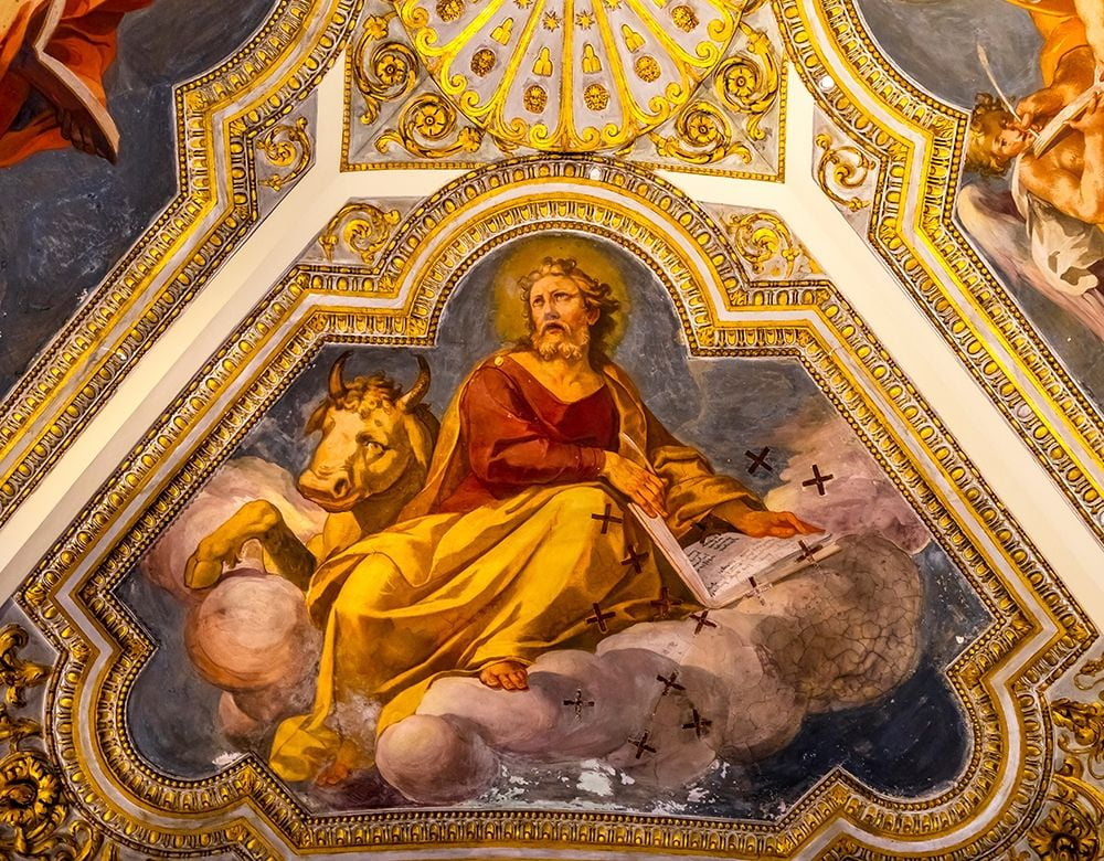 Perry, William 14x12 White Modern Wood Framed Museum Art Print Titled - Saint Luke Fresco Ceiling Santa Maria Maggiore-Rome-Italy Built 422-432-in honor of Virgin Mary