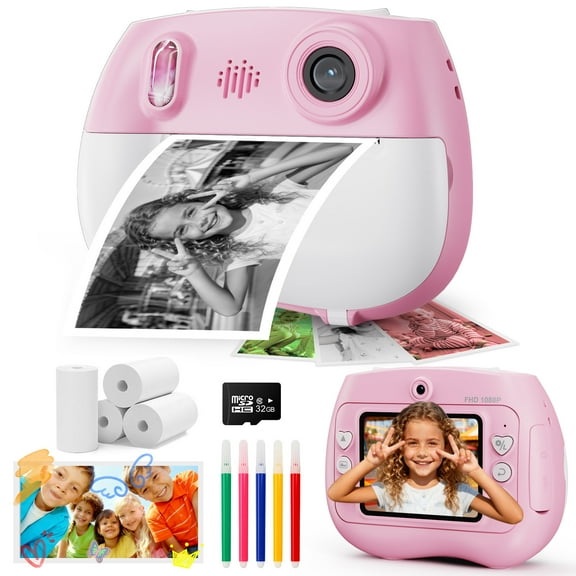 TOPVISION Kids Print Camera, 1080P HD Kids Cameras with 32GB Storage Card & 4 Paper Rolls, Gift for Boys & Girls Ages 4-12 - Pink