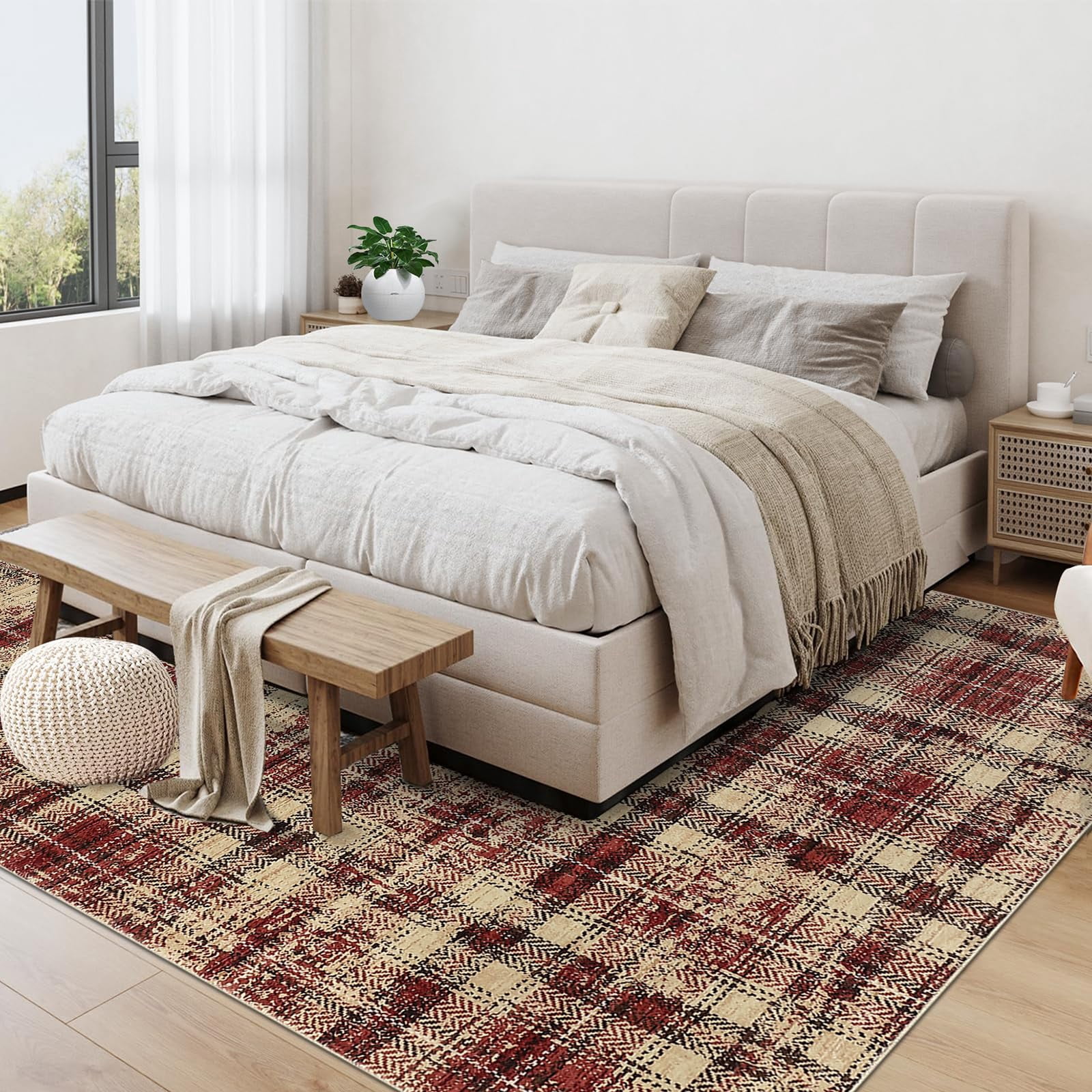 9'x12' Washable Tartan Plaid Area Rug, Non Slip Non Shedding Stain Resistant Soft Pearl Velvet Indoor Rug, Luxury Plaid Floor Mat for Living Room Bedroom Nursery Office, Red