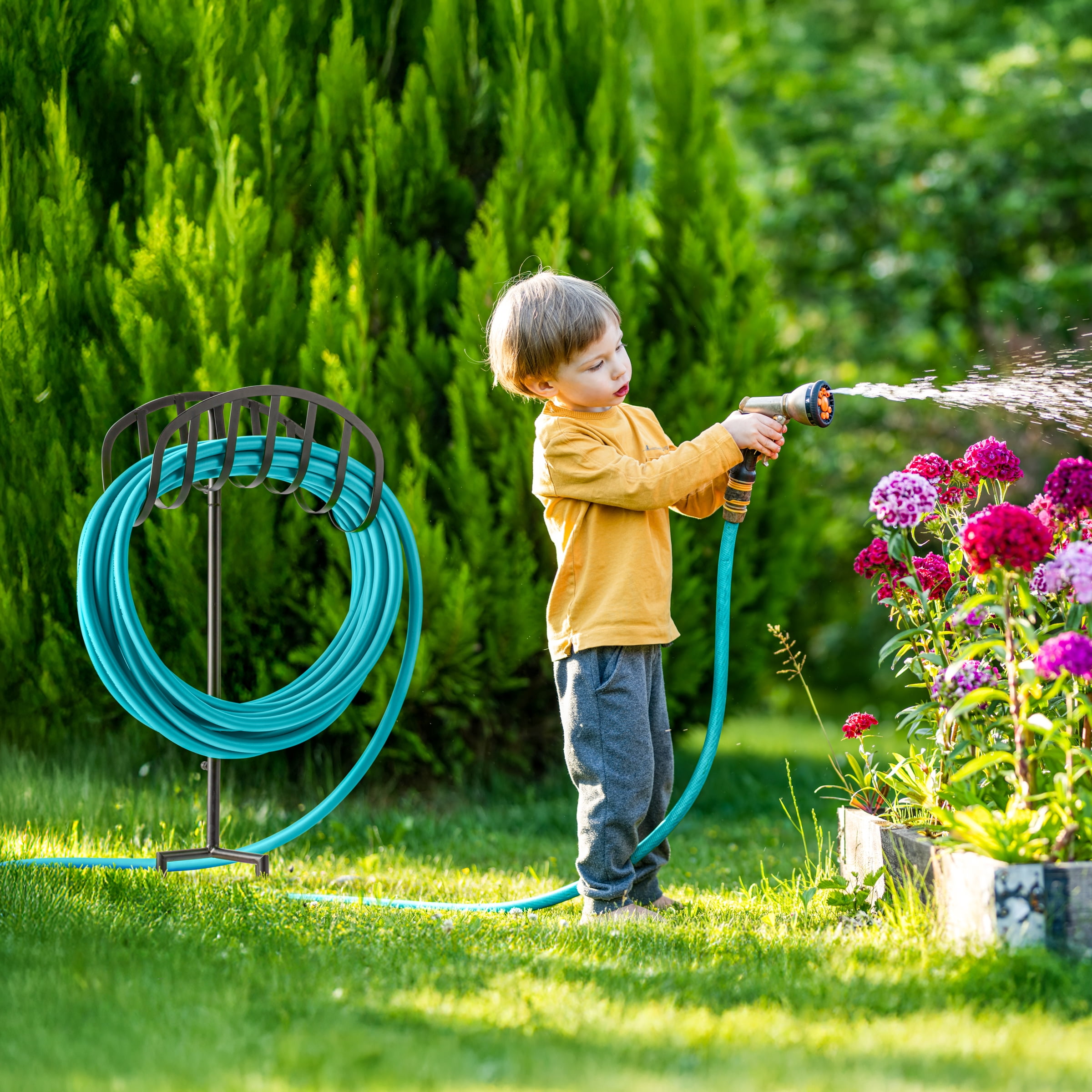 Sorbus Garden Water Hose Holder Stand with Ground Stakes, Holds 125 ft 5/8 in Hose, Black