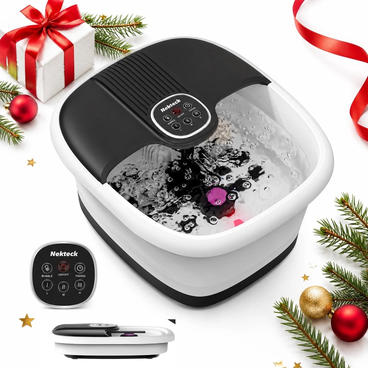 Nekteck Foot Spa Bath Massager with Heat Bubbles, Foldable Foot Soaking Tub with 16 Rollers Red Light Remote for Pedicure Gift, Home Spa for Women Men