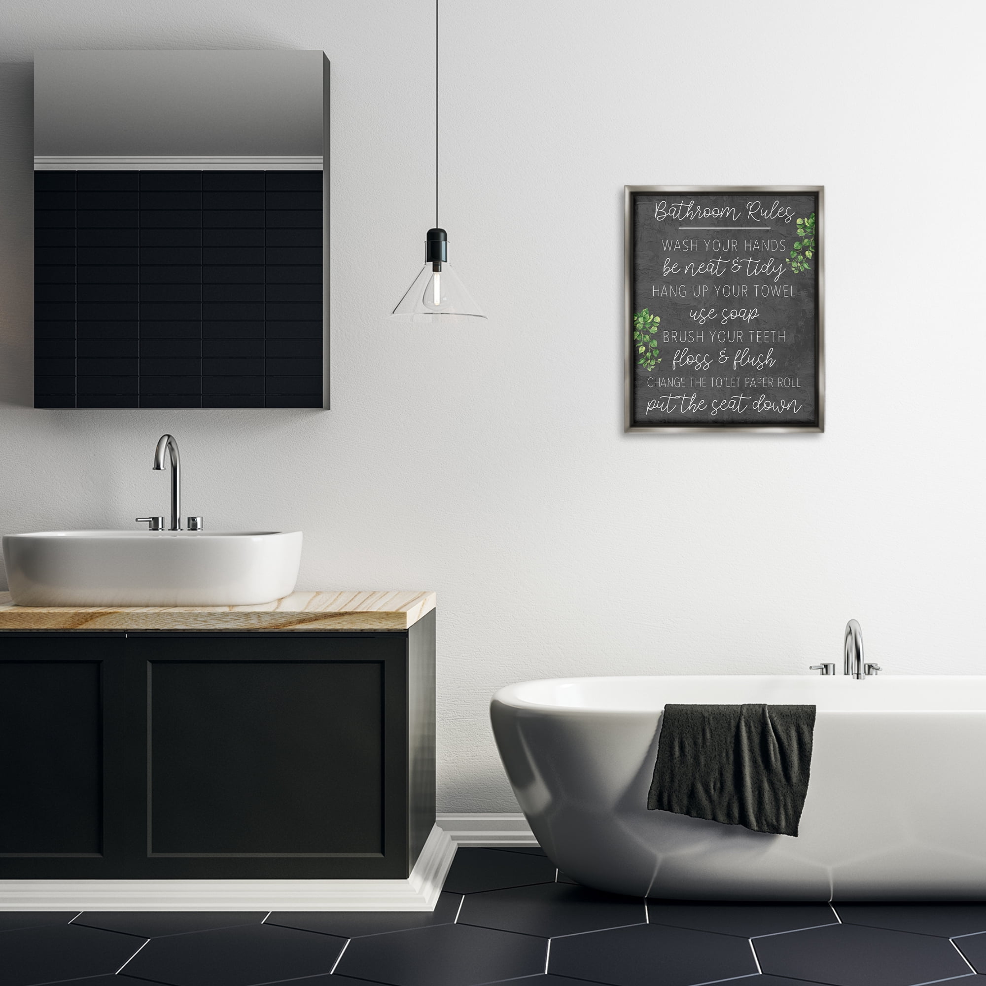 Stupell Industries Bathroom Rules with Greenery Bath & Laundry Painting Gray Floater Framed Canvas Art Print Wall Art, 17 x 21