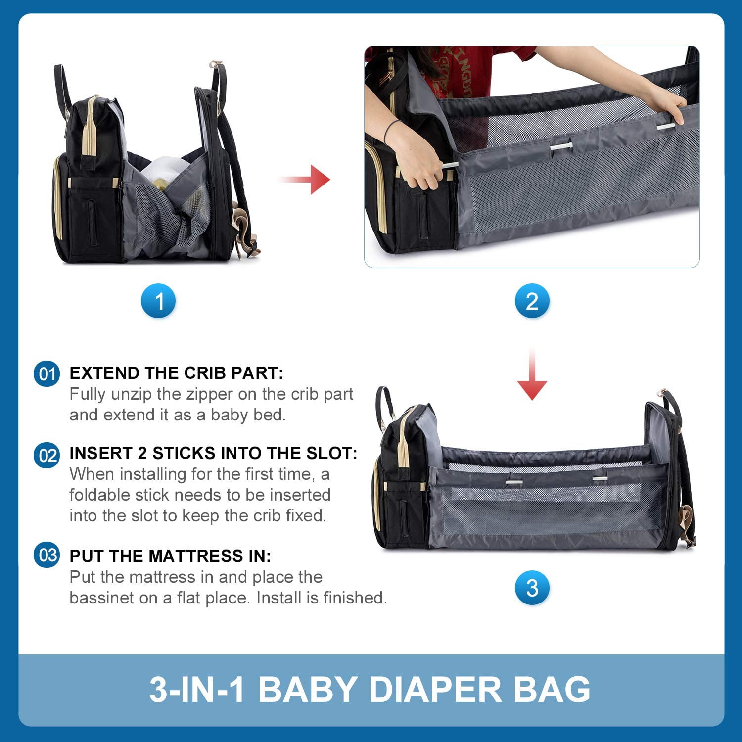 Awmazing Baby Convertible Baby Diaper Bag - Multi-Purpose Travel Baby Bag Bassinet & Changing Pad