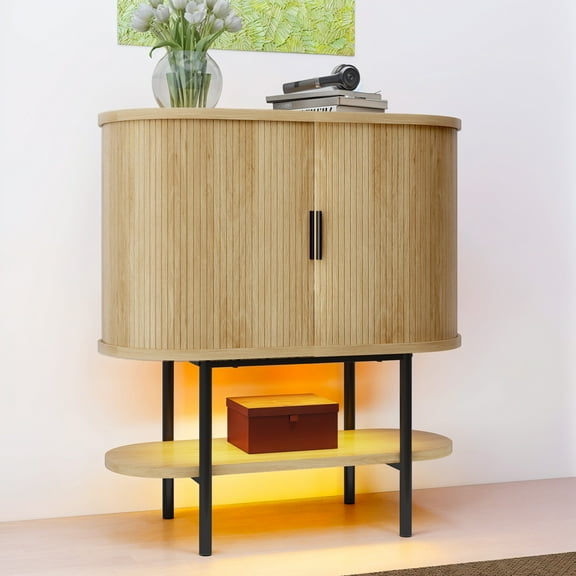 Uforic Sideboard Buffet Cabinet with 2 Sliding Tambour Doors, Modern Storage Cabinet with LED Light, Oak