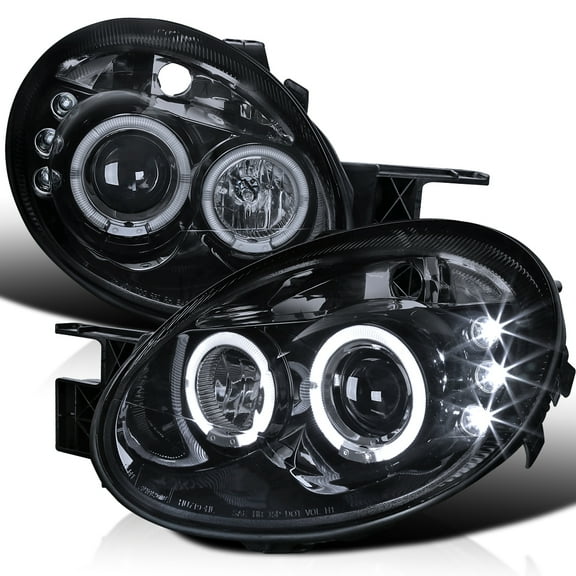 Spec-D Tuning LED Dual Halo Projector Smoked Lens Headlights Glossy Black Housing Compatible with 2003-2005 Dodge Neon, Left Right Pair Headlamps Assembly