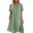 thumbnail image 2 of QUNYINEY Faux Cotton Linen Women Summer Dresses Casual Short Sleeve Midi A Line Dress Solid V Neck with Pockets Loose Fit Vacation Dresses, 2 of 6