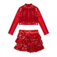 thumbnail image 3 of TSSOE Kids Girls Jazz Hip Hop Modern Ballet Dance Clothes Sequins Mock Neck Long Sleeve Crop Top with Culottes Set Red 6, 3 of 5