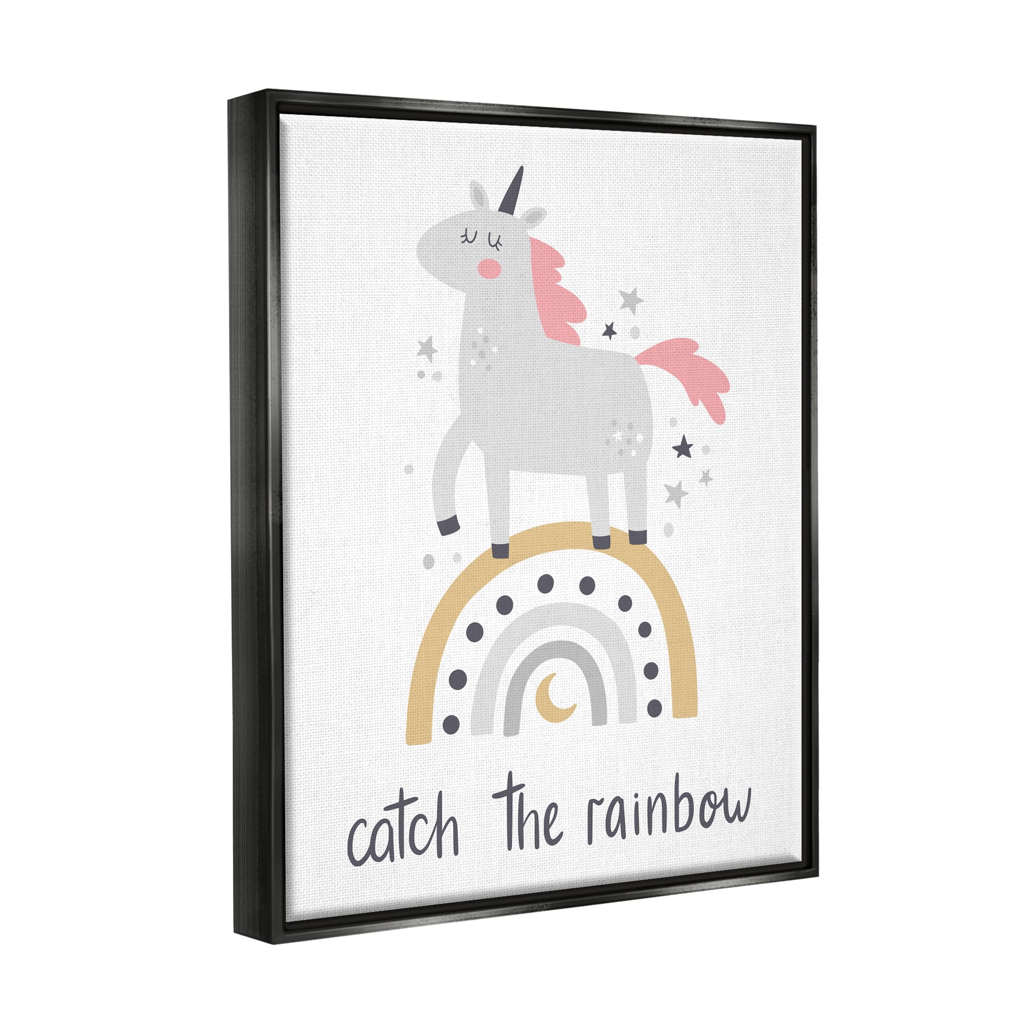 Stupell Industries Catch The Rainbow Unicorn Fairy Tales & Fantasy Painting Black Floater Framed Art Print Wall Art, 17 x 21