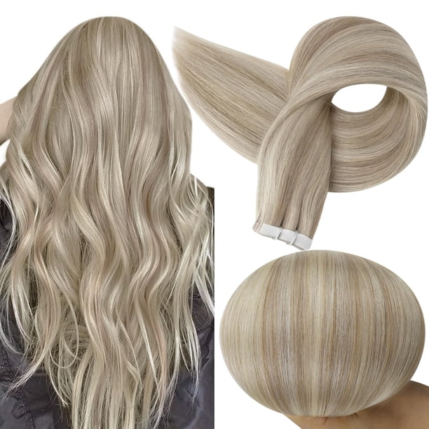 Extensiones de cabello con cinta de brillo completo, cabello humano sin costuras, cinta invisible en extensiones de cabello humano, color mezclado, rubio ceniza con rubio, 50 gramos por paquete, trama