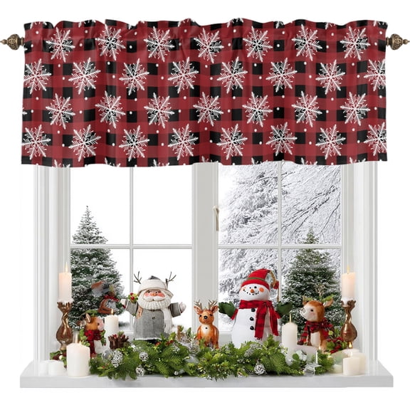 Valances for Windows Christmas Snowflake Seamless Rod Pocket Short Curtain for Bathroom Living Room Bedroom Red Black Buffalo Plaid 1 Panel 42x12in