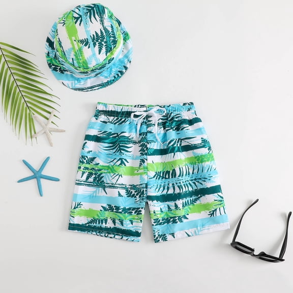 Toddler Swimsuit Boy Kids Boys Tropical Print Swim Trunks with Hat Boys Bathing Suit Multicolour 3-4 Years
