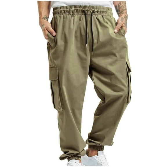 Baggy Cargo Pants for Men Multi Pockets Drawstring Elastic Waist Relaxed Tapered Leg Work Trousers Classic Solid Comfort Outdoor Jogger Hiking Pant