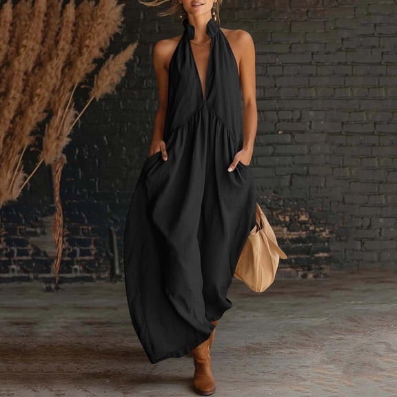 Gamivast Linen Dresses for Women Halter Deep V Neck Maxi Dress Loose Fit Flowy Sundress with Pockets Casual Dress Beach Dress Vacation Dress Black S