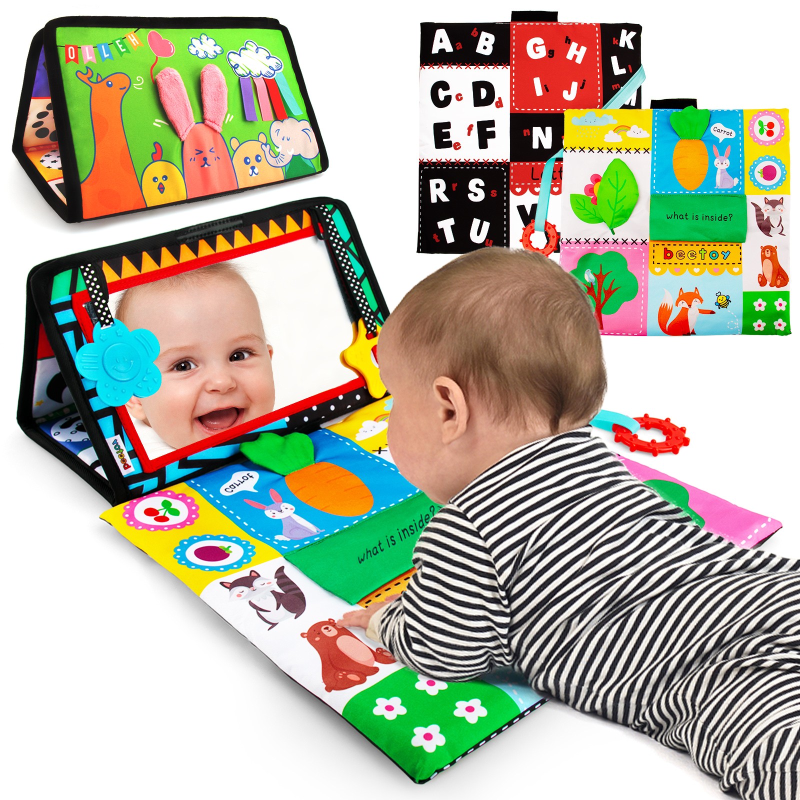 Tummy Time Baby Mirror Toys with Black and White Pattern, Double High Contrast 3D Activity Play Crinkle Toys Foldable Baby Mirror Sensory Development Toys for Newborn 0 3 6 Months