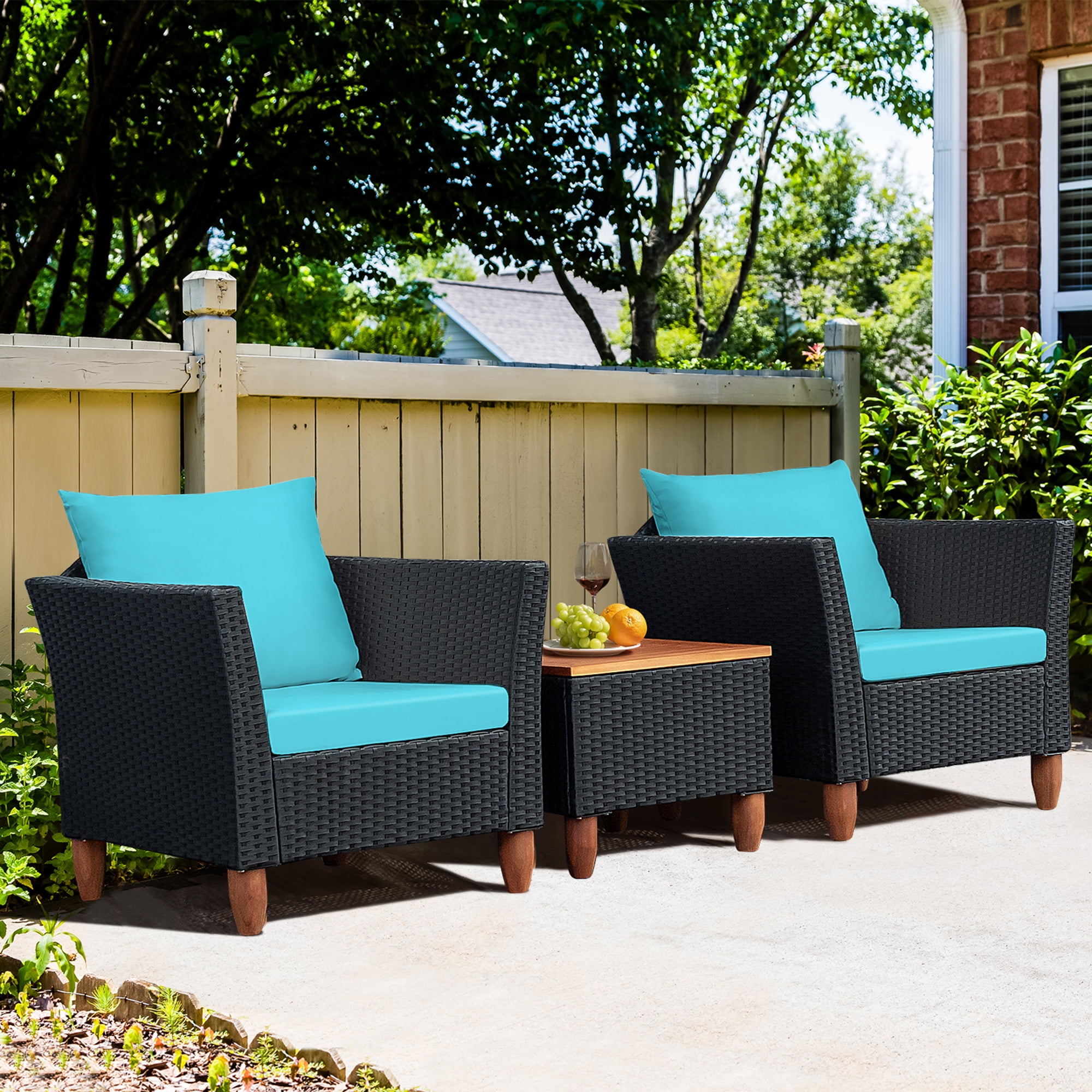 Gymax Fashion 3PCS Patio Rattan Conversation Furniture Set Yard Outdoor w/ Turquoise Cushions