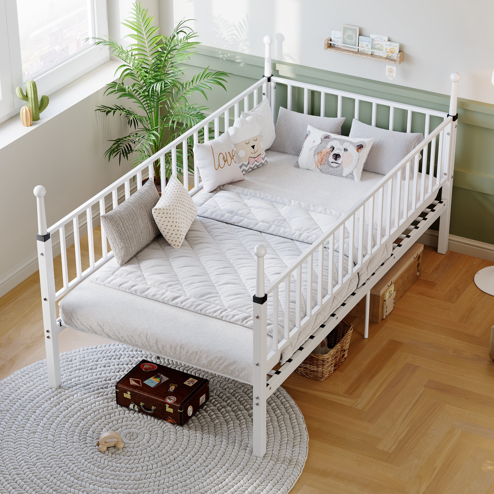 Leumius Twin Size Metal Bed Frame,Sturdy Durable Metal Bed Frame with Bed Posts,No Spring Mattress Required,White