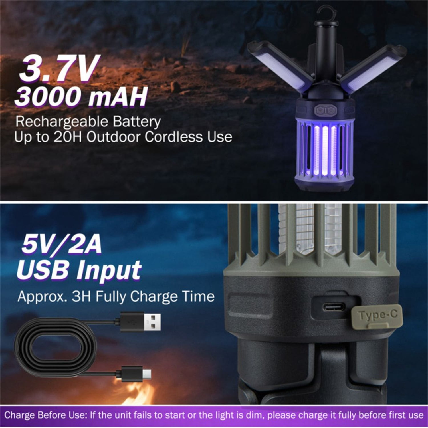 2-in-1 Electric Bug Zapper & Camping Lantern IPX6 Waterproof Rechargeable Mosquito Killer Fly Trap